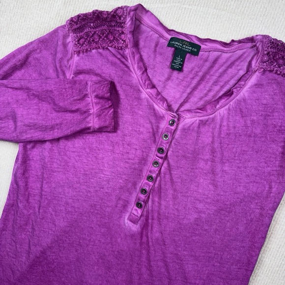 Lauren Ralph Lauren Tops - Lauren Ralph Lauren Henley Blouse Denim Look Crochet Womens Large Purple Cotton